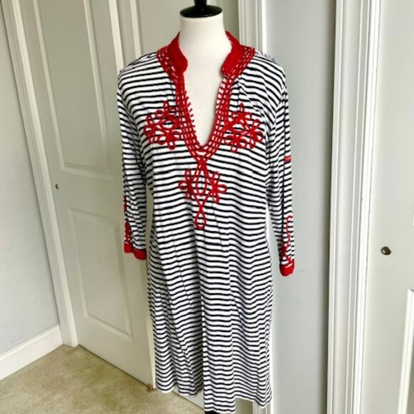 Gretchen Scott Designs Navy Blue White Red Long Sleeve Cover Up Tunic Dress XL - Picture 1 of 7